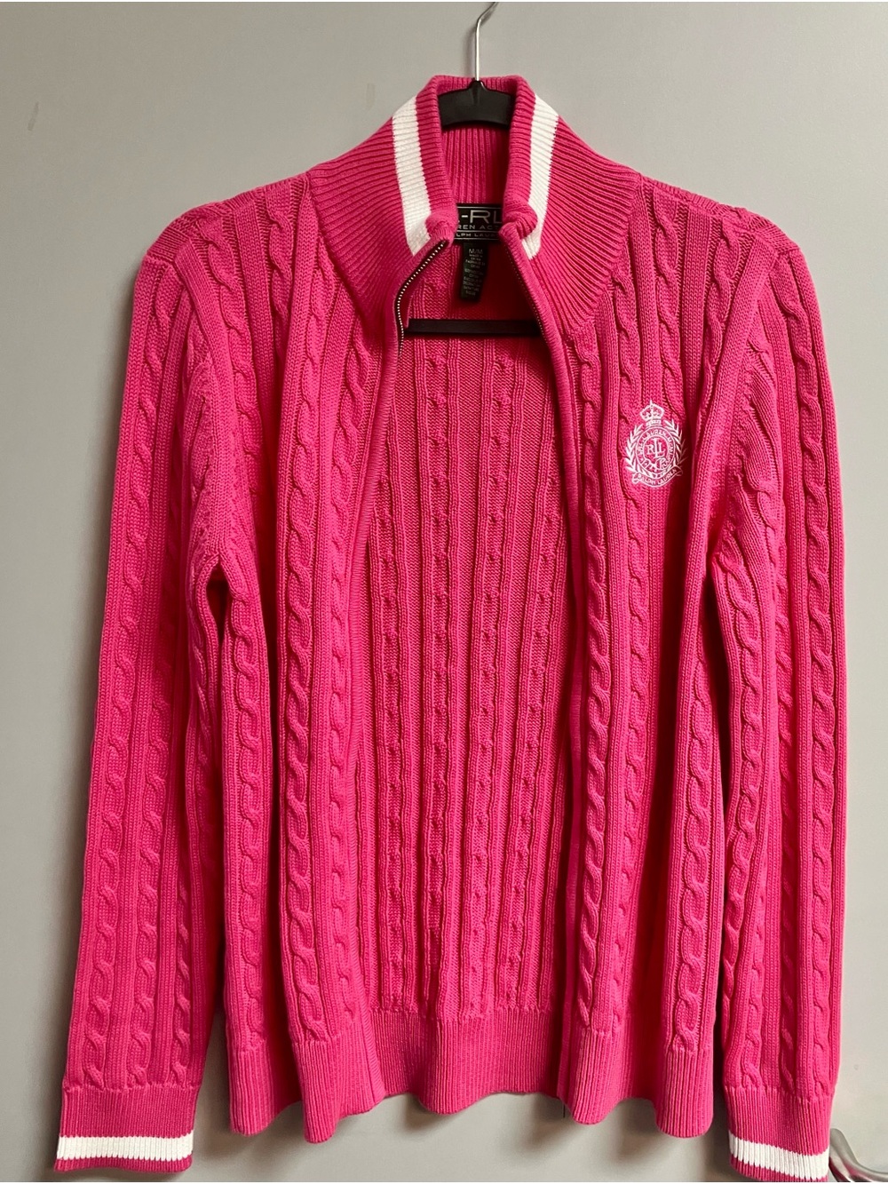 Ralph Lauren Bright Pink Cable-Knit Zip Sweater with Crest